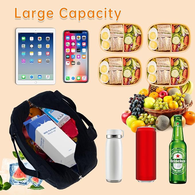 Lunch Bag for Women Men Girl,Large Cute Corduroy Lunch Tote Bags - Reusable Insulated Lunch Box for women with Handle, Leakproof WaterProof Design for Office, School, Work,Picnic.
