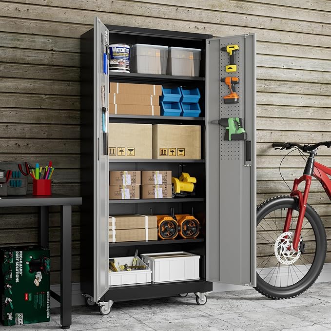 71" H Metal Garage Storage Cabinet with Wheels，Steel Storage Cabinet with Door,5 Adjustable Shelves and Pegboard for Garage Home,Required Assembly,Black &Dark Grey