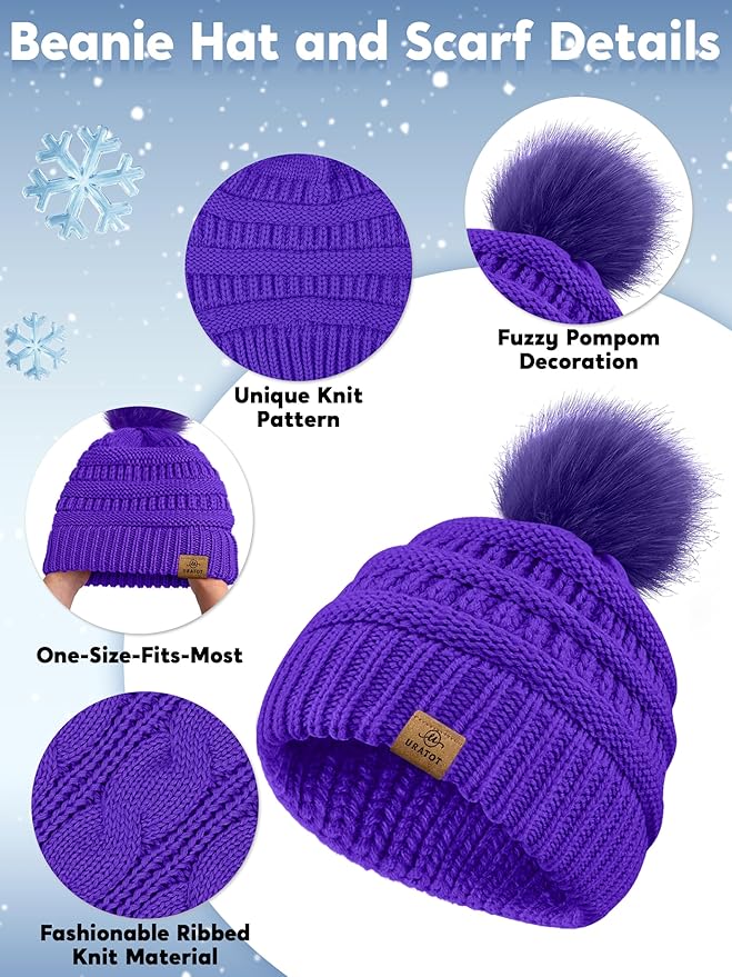 URATOT 4-In-1 Winter Warm Sets Knitted Scarf Touch Screen Gloves Beanie Pompom Hat and Winter Ear Warmer for Men or Women