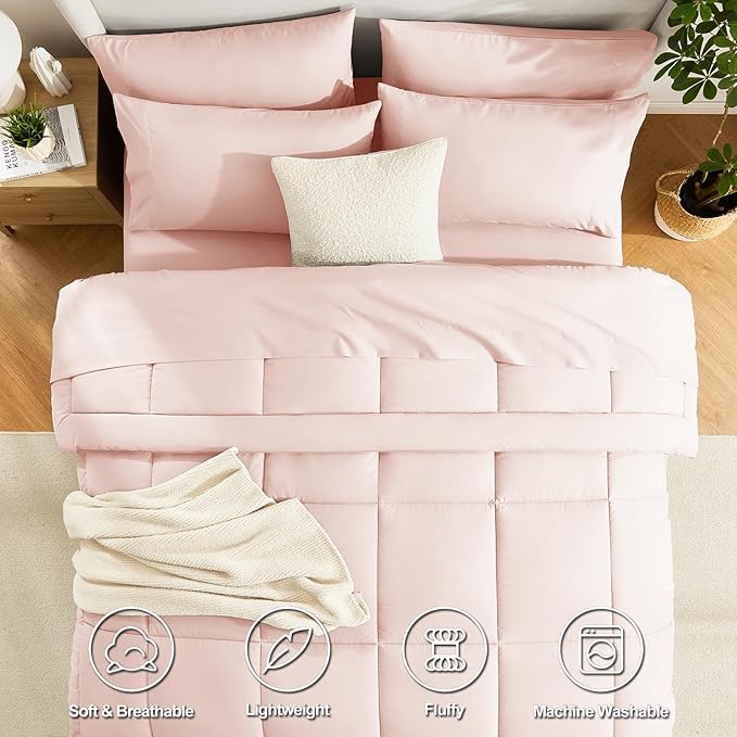 CozyLux King Size Comforter Set Blush Pink, 7 Pieces Bed in a Bag, Pink Comforter King Size, All Season Bedding Sets with Stitch Quilted Comforter, Flat Sheet, Fitted Sheet, Pillowcases