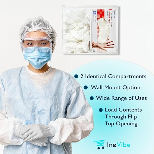 Double Hygiene Holder - 2 Compartment Acrylic Dispenser With Lid for Hairnets, Glove Boxes, Face Masks, Plastic Bags, Tissue Boxes in Home or Medical Setting - Counter or Wall Mount (Double)