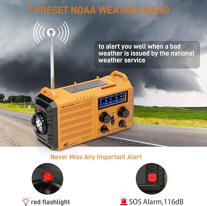 Emergency Radio with NOAA Weather Alert, 5000mAh Solar Hand Crank Portable AM/FM Shortwave Radio, Rechargeable Battery Powered, USB Charger, Flashlight, SOS Alarm for Home Outdoor Survival