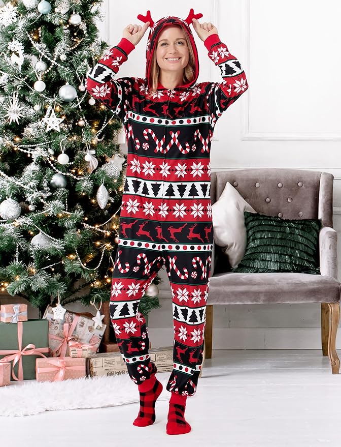 PATPAT Matching Family Christmas Onesie Pajamas – Holiday Hooded Jumpsuit Sleepwear PJs Couples Xmas Loungewear with Socks