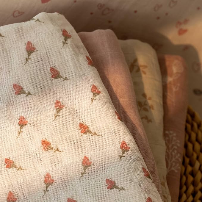 Muslin Swaddle Blankets for Newborn, 4 Pack Organic Cotton Baby Blankets for Girls, Large 31.5 x 43.3 Breathable Soft Receiving Blanket, Essentials Swaddle Wrap Burping Clothes, Flowers