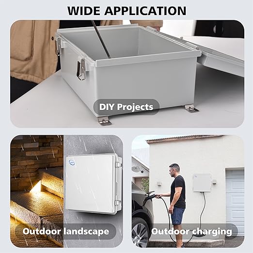 Waterproof Outdoor IP67 Junction Box (13"x13"x5.1") with Mounting Plate, Hinged Grey Cover and Wall Brackets - Weatherproof ABS Plastic Electrical Enclosure for DIY Projects (330x330x130mm)
