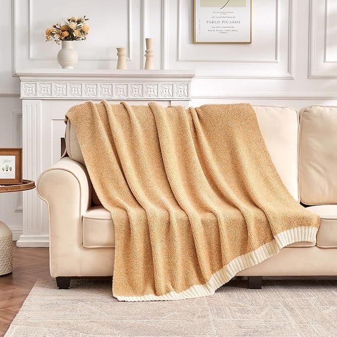 CozeCube Super Soft Fullfy Microfiber Reversible Knitted Blankets, Warm Cozy Fuzzy Plush Throw, Orange and White Melange Throw Blanket for Couch Bed Sofa, 60" x 80"
