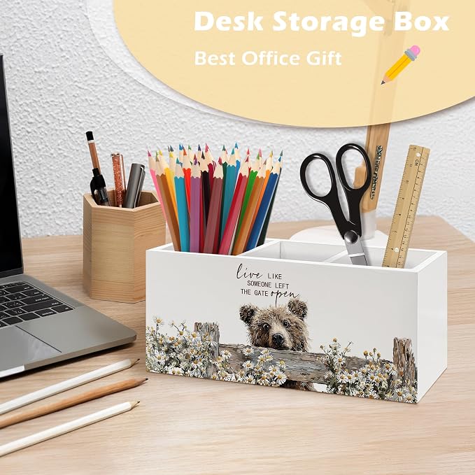 Rustic Bear Pen Holder Organizer, Farmhouse Bear Gifts for Women Kids Desk Decor, Live Like Someone Left the Gate Open Wooden Pen Pencil Holders for Vintage Desk Accessories