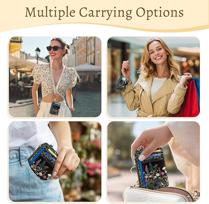 Kelvoris Credit Card Holder Small Wallet Women, Slim RFID, Wild Flowers | Keychain, Zipper Coin Pocket, Front Pocket Thin Travel Card Case, Minimalist, 6 Card Slots, 1 ID Window, Ladies Gifts Woman