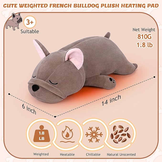 1.8lb French Bulldog Stuffed Animals Plush Microwavable Heating Pad-French Bulldog Heating Pads for Cramps &Period Pain Relief, Heatable & Coolable Stuffed Animals Bedtime Birthday Gift for Women Kids