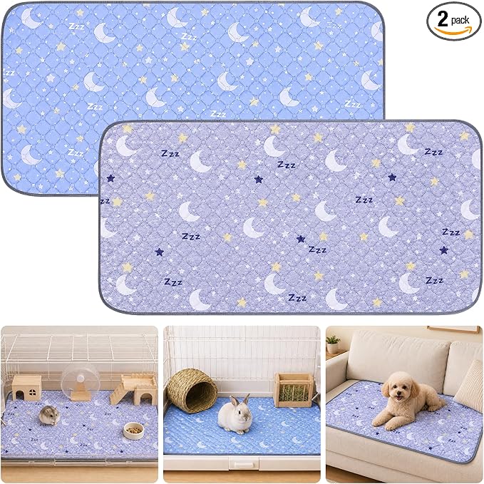 Guinea Pig Cage Liner 2 Pack Super Absorbent Washable Guinea Pig Pee Pads Waterproof Reusable Anti Slip Bedding Pee Pad Mat for Rabbit Bunny Rat Cat (Stars&Moon, 28" x 14" (2 Pack))