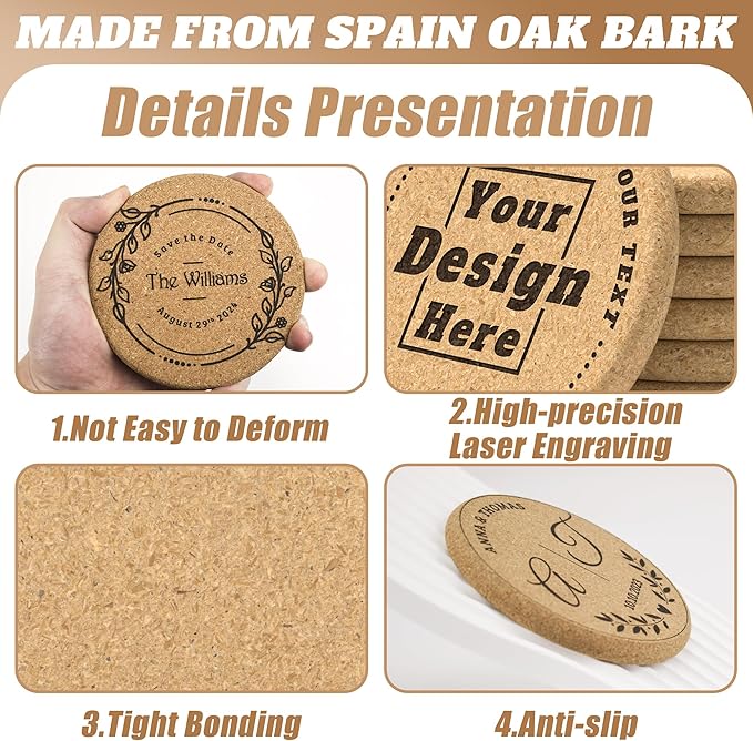 30 Custom Coasters, Personalized Cork Coaster Laser Engraved with Own Design Logo Text, Non-Slip Heat-Resistant Custom Cork Coaster for Wedding, Anniversary, Family Reunion Gifts (Thickend Round)