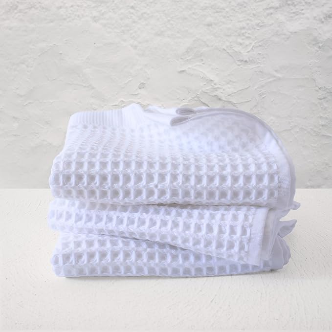 PÜSKÜL - Set of 3 Organic Waffle Hand Towel White - Premium Quality, 100% Turkish Cotton, Soft, Quick-Dry, Absorbent, Lint-Free Face Kitchen Hand Towels (White, Hand Towels - Pack of 3)