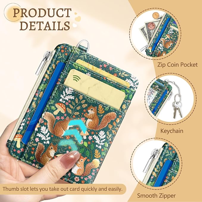 Kelvoris Credit Card Holder Small Wallet Women, Slim RFID, Cute Squirrels | Keychain, Zipper Coin Pocket, Front Pocket Thin Travel Card Case, Minimalist, 6 Card Slots, 1 ID Window, Ladies Gifts Woman