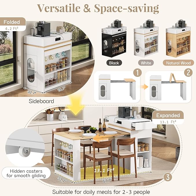 Amposei Kitchen Island with Extendable Dining Table & Power Outlet, 58’’ Breakfast Bar Coffee Station Sideboard Glass Door Storage Cabinet with Drawers, Creamy White & Natural