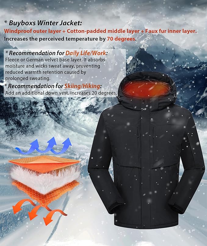 Mens Winter Snow Jacket Waterproof Ski Jackets Snowboard Rain Warm Coat Insulated Hood Fleece Lined