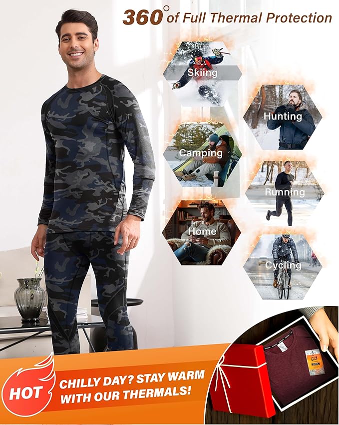 Muezna Men's Thermal Top and Bottom Set Underwear Long Johns Base Layer with Soft Fleece Lined