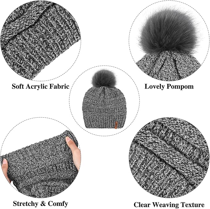 Aneco Womens Winter Warm Sets Knitted Fur Pompoms Beanie Hat Circle Loop Scarf Touch Screen Gloves Winter Favor Accessories
