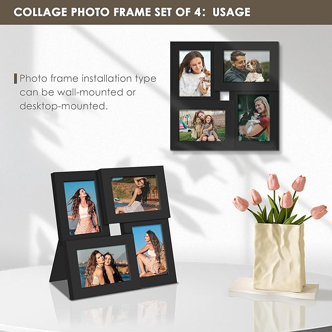3.5x5 Picture Frame Tempered Glass Front Displays Four 3.5 x 5 Photos Frame Display for Tabletop and Wall Hanging Picture Frame Black