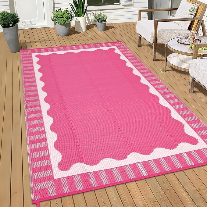 9x12 Outdoor Rug Waterproof Foldable Plastic Straw Carpet for Patio Porch Scalloped Border Reversible Mat Lightweight Floor Mat for Picnic, Backyard, Rv, Beach, Deck, Camper, Balcony，Grey