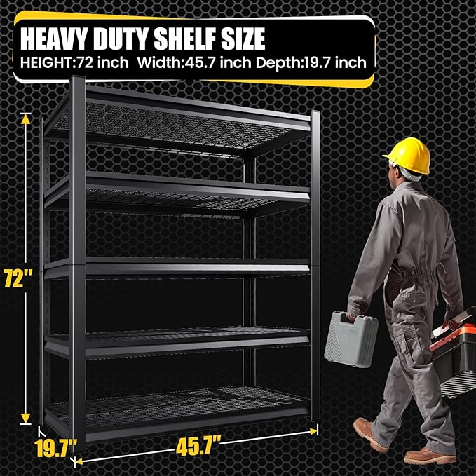 5-Tier Garage Shelving Heavy Duty, 3000LBS Garage Shelves, Adjustable Metal Shelving Unit, Garage Storage Shelves, Utility Storage Rack Shelf, Shelves for Garage Storage, 72" H×46.1" W×20" D