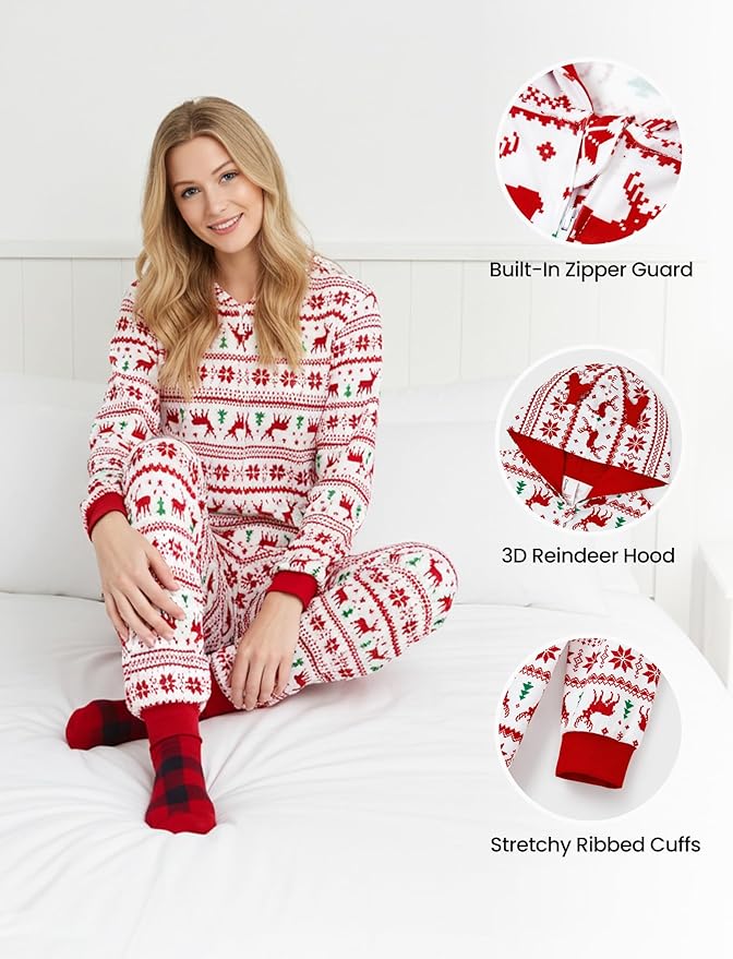 PATPAT Matching Family Christmas Onesie Pajamas – Holiday Hooded Jumpsuit Sleepwear PJs Couples Xmas Loungewear with Socks
