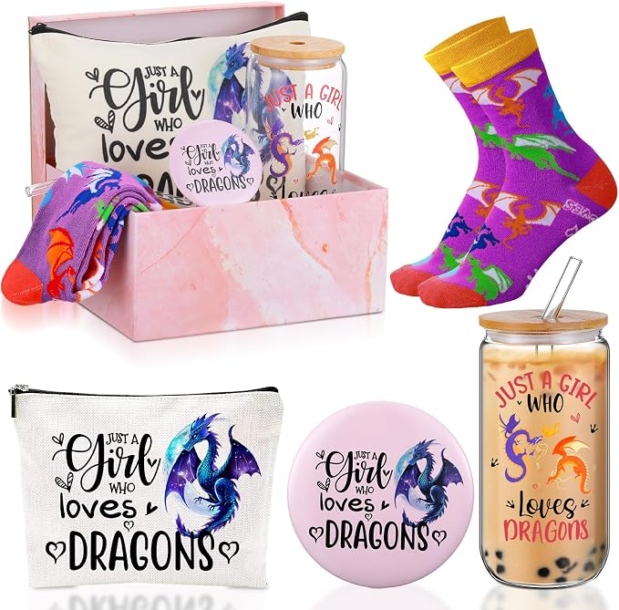 Kacctyen 5 Pcs Christmas Dragon Gifts for Women Dragon Lover Birthday Gifts 16oz Glass Cup Tumbler with Lid Straw Makeup Cosmetic Bag Pocket Mirror Sock for Animal Lovers Her Daughter Friend Sister