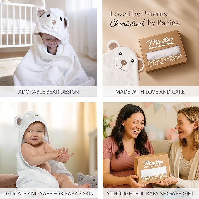 MINIBOO Hooded Baby Towels for Newborn & Toddler - Super Soft Baby Bath Towels with Hood, Highly Absorbent Viscose Made from Bamboo Hooded Towel for Boys, Girls, Newborn Essentials.