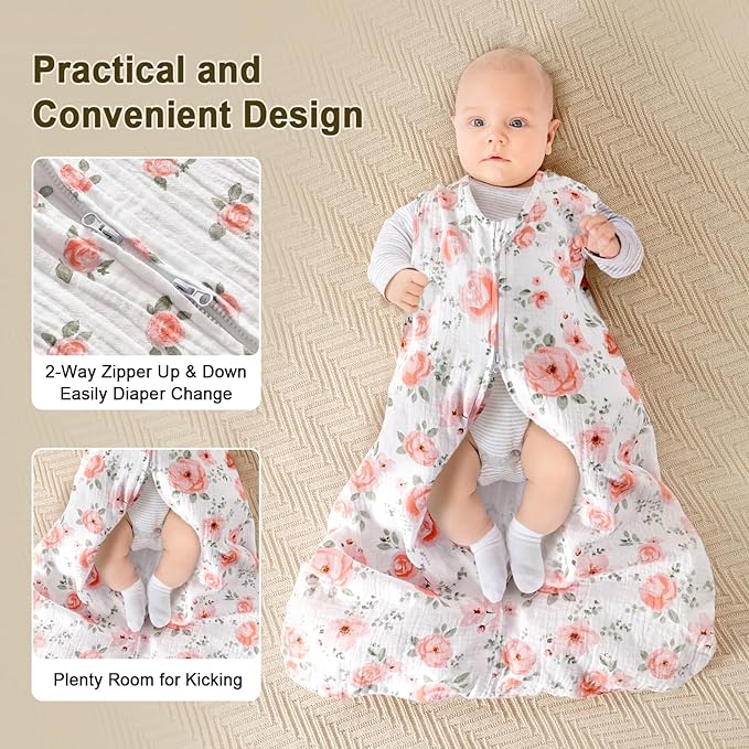PHF 100% Muslin Cotton Baby Sleep Sacks, 18-24 Months Sleep Sack with 2-Way Zipper, 2 Pack Cooling 0.5 TOG Breathable X-Large Size Sleeveless Baby Wearable Blanket for Baby Girl, Floral