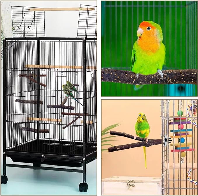 BNOSDM 5PCS Bird Mirror with Perches Stand Parrot Natural Wood Stick Perches Forked Perch Branch Parakeet Toy Set Bird Cage Accessories for Budgie Cockatiel Conure Finch Lovebird