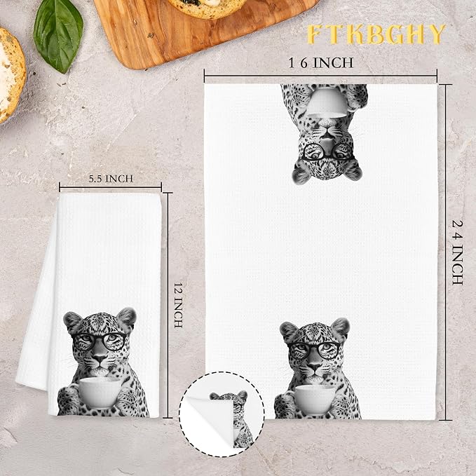Funny Leopard Decor Coffee Kitchen Towels Gift, Leopard Gifts for Women, Coffee Gifts for Women, Animal Lover Gift Decorative Dish Hand Tea Towels for Kitchen Home Bar Decor, 16x24 Inch