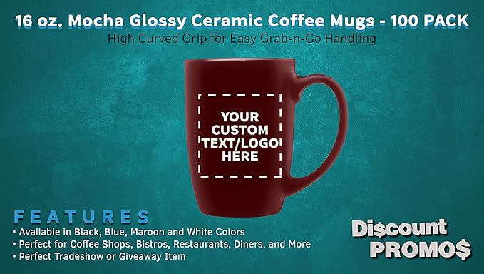 DISCOUNT PROMOS 100 Large Mocha Glossy Ceramic Coffee Mugs Set, 16 oz. - Customizable Text, Logo - Stoneware, Smooth, Durable, C-handle - Maroon