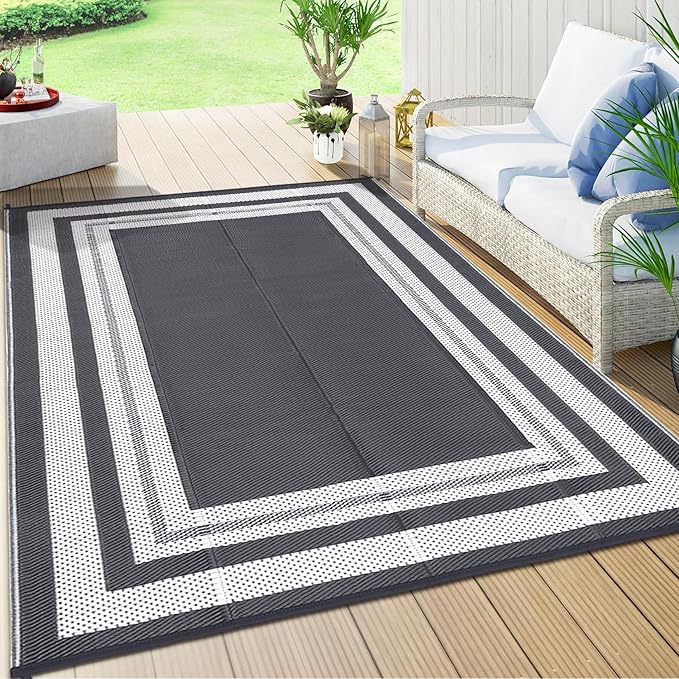 Patio Modern Border Outdoor Rug 10x14 Waterproof Large Reversible Camping Mat Foldable Lightweight Plastic Straw Outdoor Rug for Deck, Picnic, Porch, Camper, Balcony, Beach, Rv，Grey/White