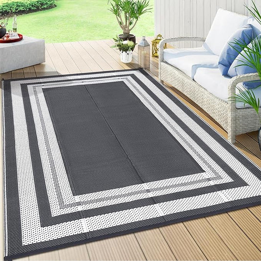 9x12 Outdoor Rug Waterproof Foldable Plastic Straw Carpet for Patio Porch Modern Border Reversible Mat Lightweight Floor Mat for Picnic, Backyard, Rv, Beach, Deck, Camper, Balcony，Grey/White