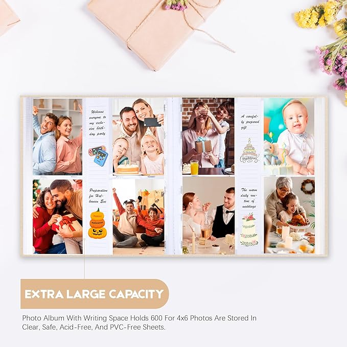 Photo Album 4x6 600 Photos with Writing Space Linen Cover with Front Window Picture Album, 600 Photos 4x6 Photo Album Book for Wedding Kids Travel Family Baby Pictures (Beige)