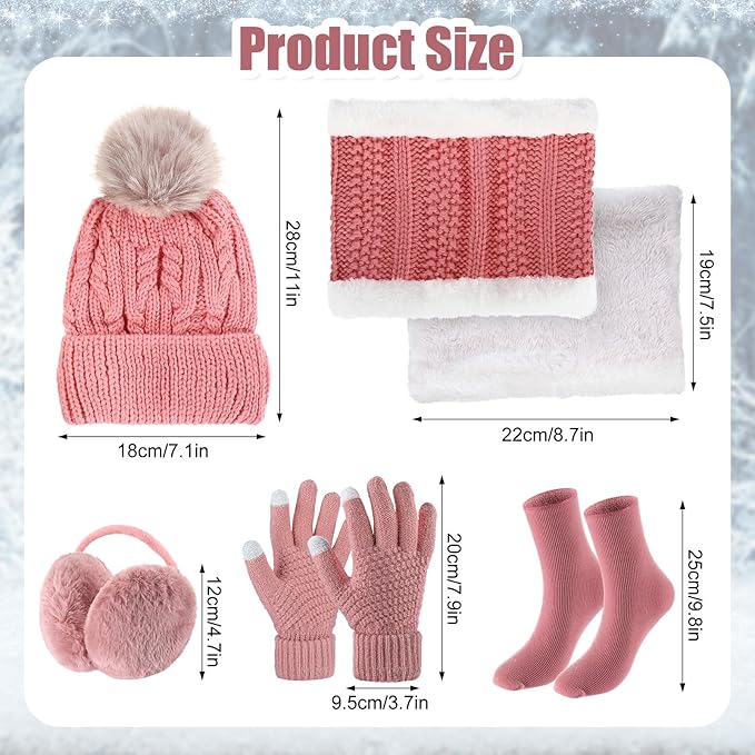 SATINIOR 5 Pcs Winter Hat Scarf Gloves Set Fleece Warm Lined Knit Beanie Hat Touch Screen Earmuff Gloves Warmer for Women(Pink,Fresh Style)