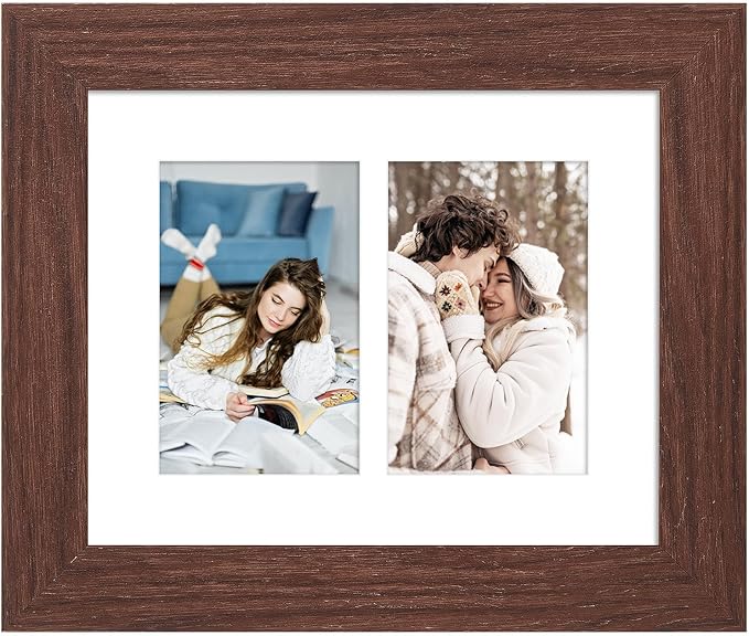 8x10 Picture Frame Display Double 4X6 Picture Frame Collage,Multi Photo Frame with Mat,Plexiglass,Wall or Tabletop Decor,Walnut Wood Grain