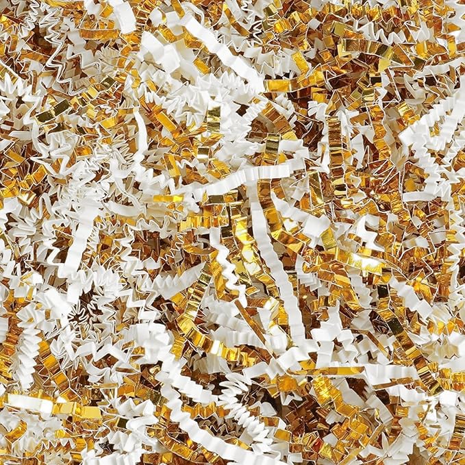 Uptotop 1 LB Crinkle Cut Paper Shred Filler for Gift Wrapping Basket Filling, Birthday, Christmas, Thanksgiving, Wedding, Mother's Day, White and Gold