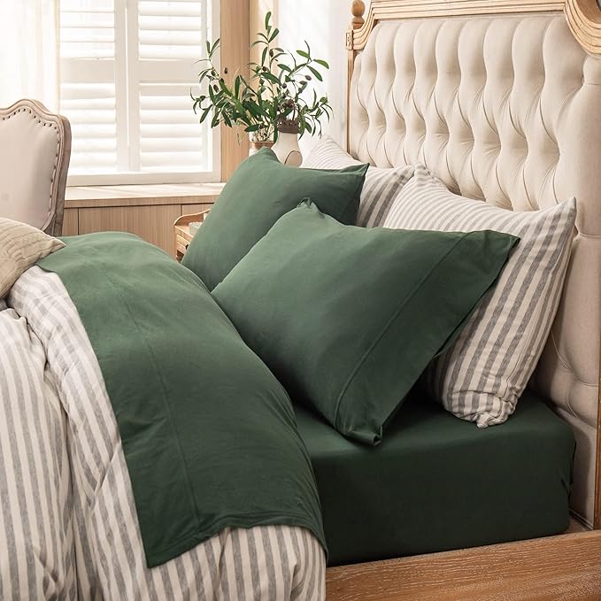 PURE ERA Jersey Knit 3pcs Bed Sheet Set 100% T-Shirt Heather Cotton Super Soft Comfy Breathable Fits Mattress Up to 20" Extra Deep Pocket (Forest Green, Twin XL)