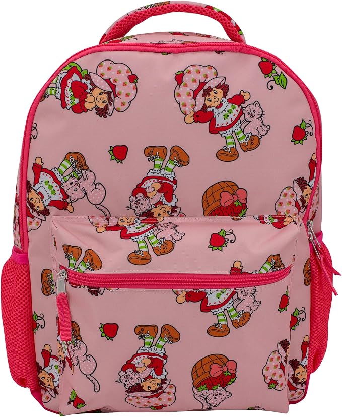 AI ACCESSORY INNOVATIONS Strawberry Shortcake 16” Backpack With Front Pocket for Girls, Allover Print Bookbag featuring Strawberry & Custard, Pink