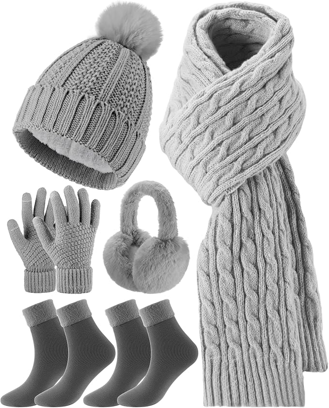 Geyoga 6 Pcs Winter Warm Set for Women Warm Beanies Hats Touchscreen Gloves Long Scarf Ear Muffs Socks Winter Gifts for Women