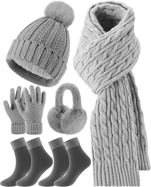Geyoga 6 Pcs Winter Warm Set for Women Warm Beanies Hats Touchscreen Gloves Long Scarf Ear Muffs Socks Winter Gifts for Women