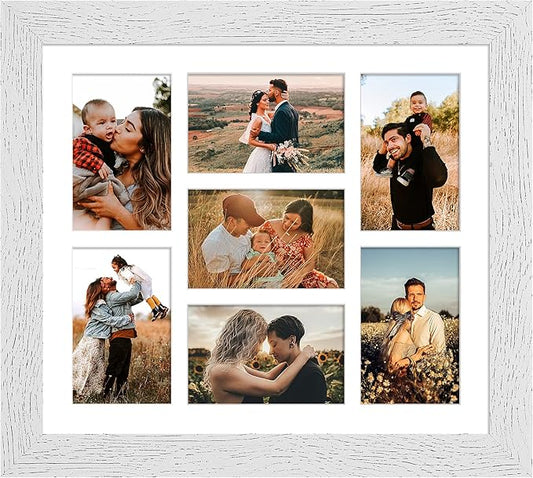 13.5x15.5 Picture Frame Display 7 opening 4X6 Picture Frame Collage,Multi Photo Frame with Mat,Plexiglass,Wall Hanging Decor,Distressed White Wood Grain