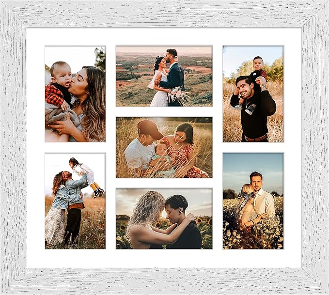 13.5x15.5 Picture Frame Display 7 opening 4X6 Picture Frame Collage,Multi Photo Frame with Mat,Plexiglass,Wall Hanging Decor,Distressed White Wood Grain