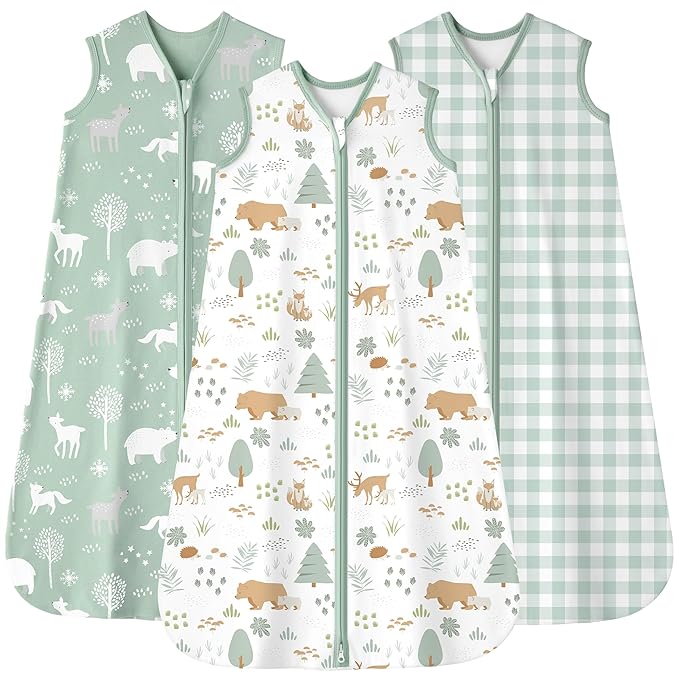Baby Sleep Sack 6-12 months, 100% Cotton Sleeping Sack for Newborn and Infant, 3 Pack Baby Wearable Blanket, 0.5 Tog Lightweight Double Zipper Sleep Bag Medium Green Forest Bear