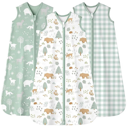 Baby Sleep Sack 6-12 months, 100% Cotton Sleeping Sack for Newborn and Infant, 3 Pack Baby Wearable Blanket, 0.5 Tog Lightweight Double Zipper Sleep Bag Medium Green Forest Bear