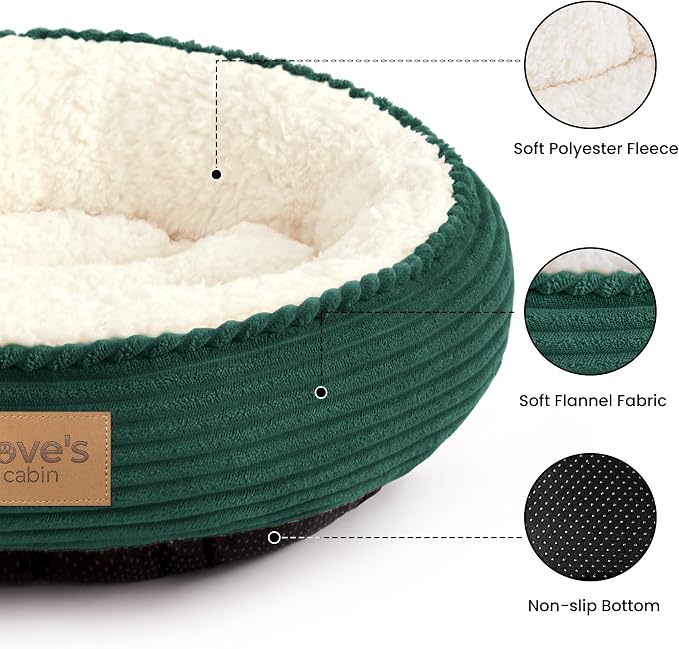 Love's cabin Round Donut Cat and Dog Cushion Bed, 24in Pet Bed for Small or Medium Dogs, Anti-Slip & Water-Resistant Bottom, Soft Durable Fabric Pet Beds, Washable Calming Cat Bed Dark Green