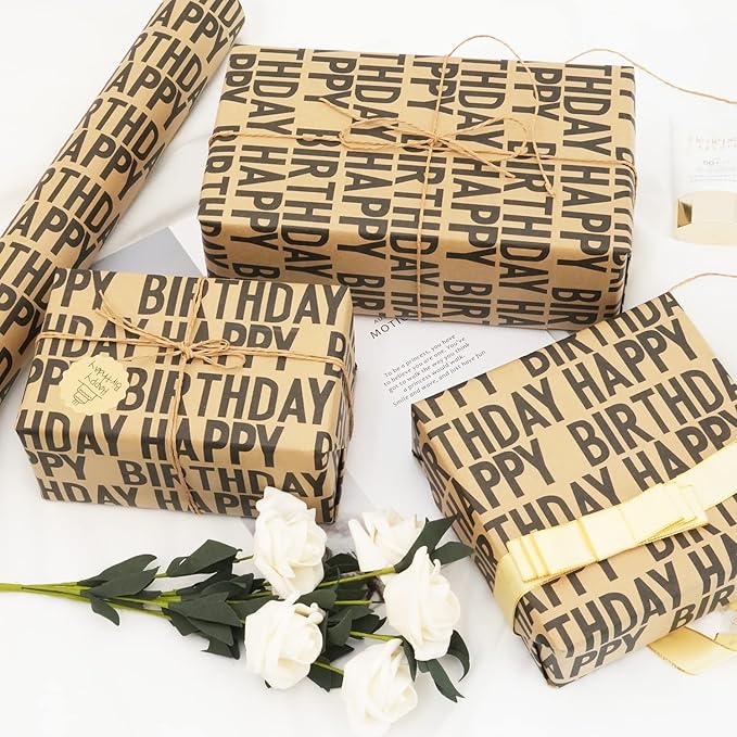 MAMUNU Birthday Wrapping Paper Roll, Black Kraft Happy Birthday Wrapping Paper Jumbo Roll, Brown and Black Kraft Gift Wrap Set for Boys Men Women Girls, 17x590 inch (70 sq. ft.)