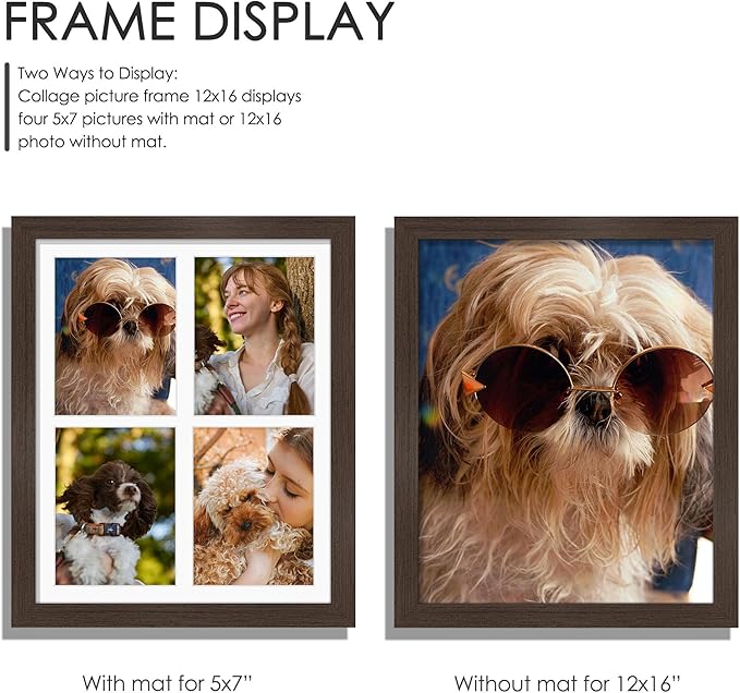 12x16 Picture Frame 5x7 Collage Picture Frame Displays Four 5x7 inch Photos or 12x16 (Without Mat) for Available Horizontal Wall Mounting Display and Vertical Walnut