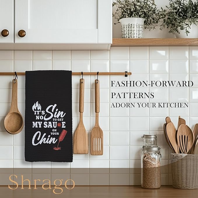 Funny Cooking Kitchen Towels, Gifts for Cooking Lovers, Housewarming Gifts Dish Tea Towels for Kitchen, It's No Sin to Get My Sauce on Your Chin Decorative Hand Towel, 16x24 Inch