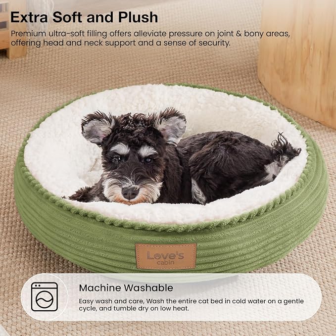 Love's cabin Round Donut Cat and Dog Cushion Bed, 24in Pet Bed for Small or Medium Dogs, Anti-Slip & Water-Resistant Bottom, Soft Durable Fabric Pet Beds, Washable Calming Cat Bed Olive Green